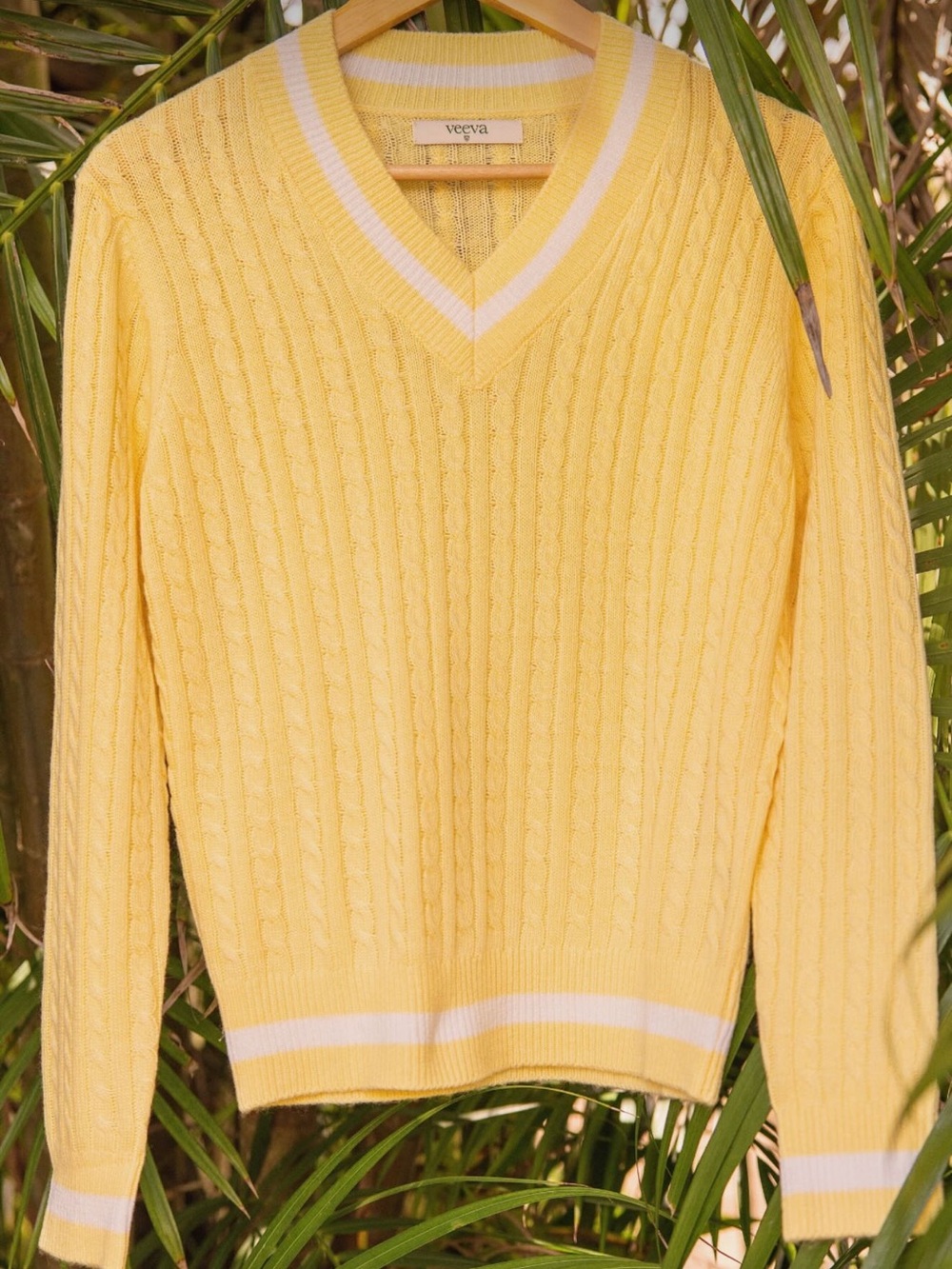 Butter Yellow Cable Knit V-Neck Sweater